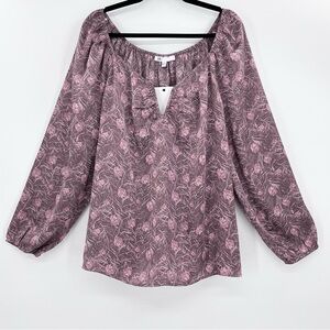 NWT DR2 Satin Peacock Feather Print V-Neck Long Sleeve Blouse Top Plus XXL